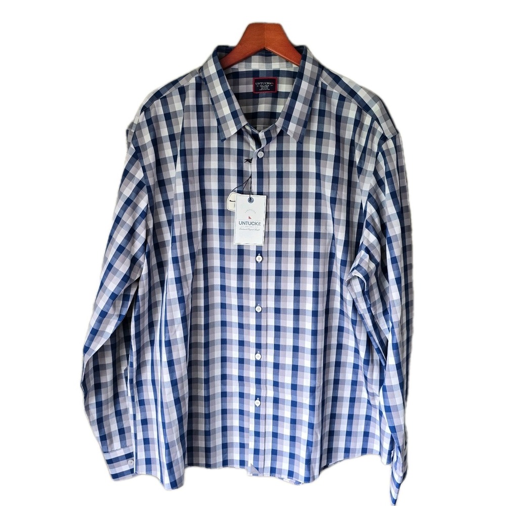 UNTUCKit Shirt Mens XXXL Tall Blue Gray Plaid Button Up NWT 100% Cotton Preppy